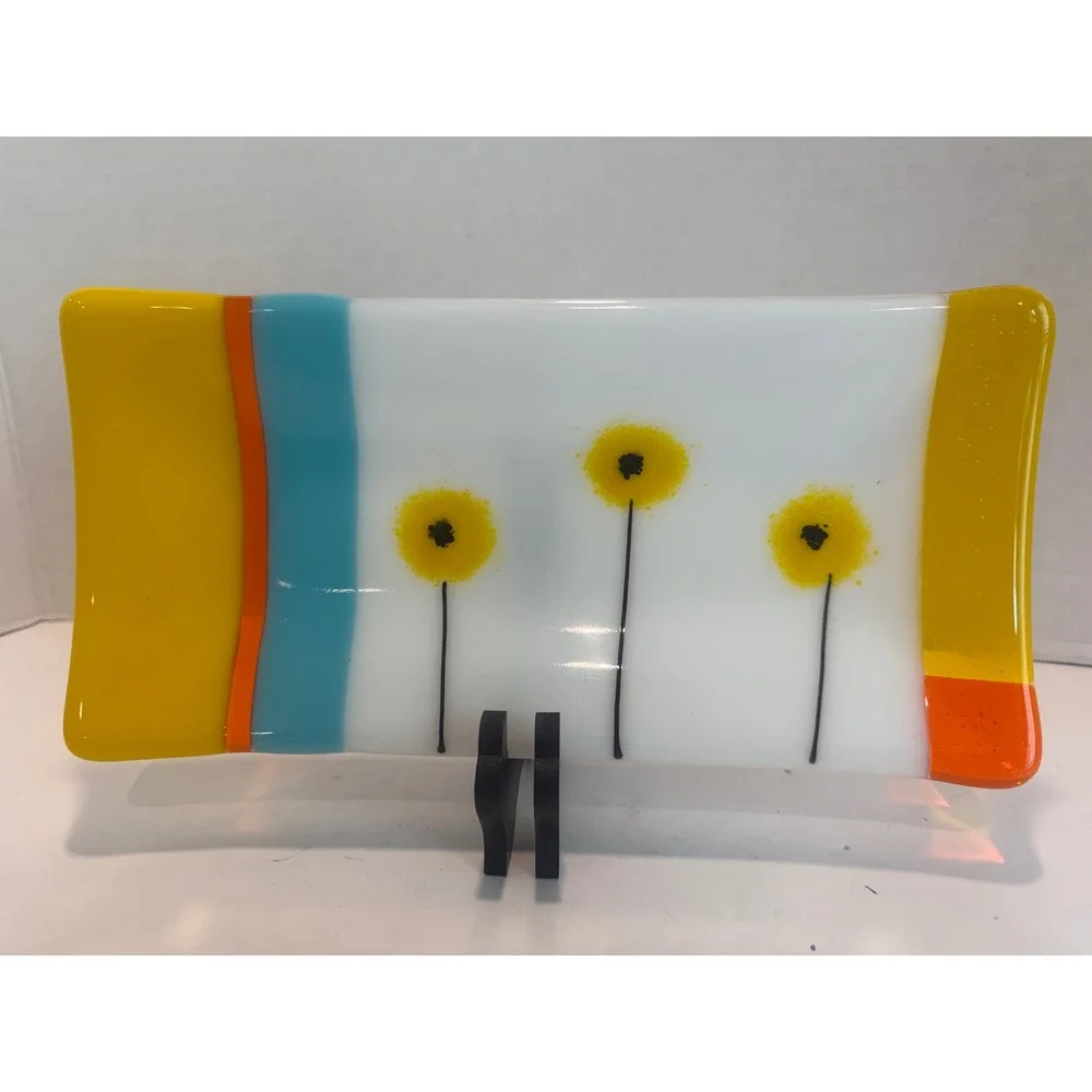 Handmade Fused Glass Rectangular Tray Yellow Flowers MCM Style Decor 9.75x4.75
